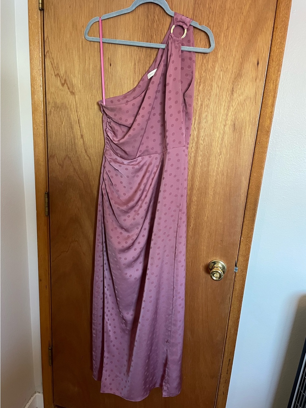 Favorite Daughter One-Shoulder Mauve Polka Dot Ring-Detail Maxi Dress